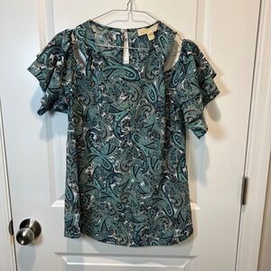 MICHAEL Michael Kors Cold Shoulder Paisley Blouse Top Teal Blue Women's M